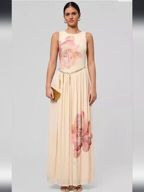 BRAND NEW! RACHAEL ROY Sleeveless Cream Floral Maxi Dress with Chain Belt